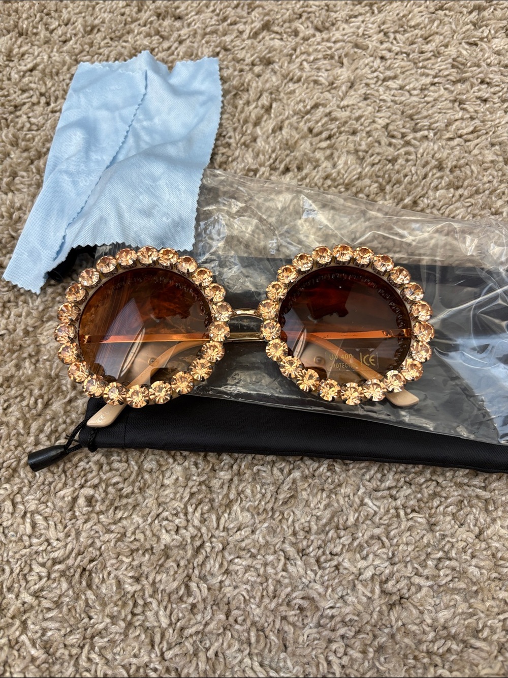 Embellished Round Brown Sunglasses for Women
